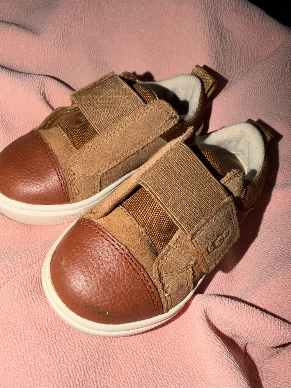 UGG Kids Tan & Brown Suede Leather Velcro Sneakers